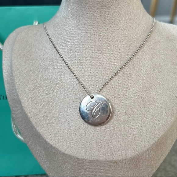 Tiffany Notes Alphabet “C” Disc Charm Pendant 18 in Ball Chain Sterling Silver - Picture 9 of 14